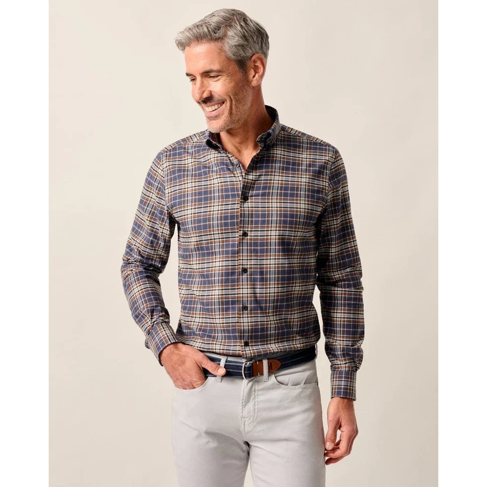Johnnie-O Kamper Flannel Button Down Plaid Stretch Shirt Size XL Charcoal Men